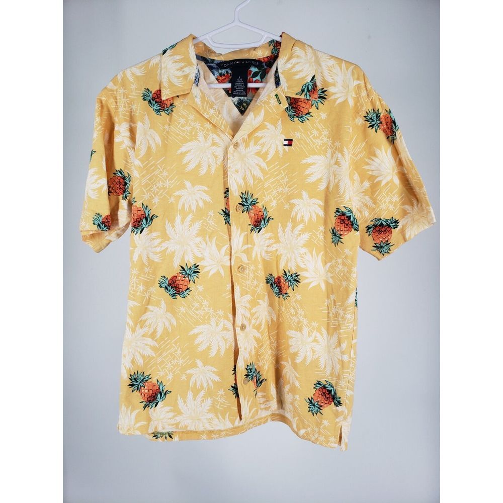 Tommy Hilfiger Boys Tropical Yellow Pineapple Hawaii‎ Island Shirt Size Large